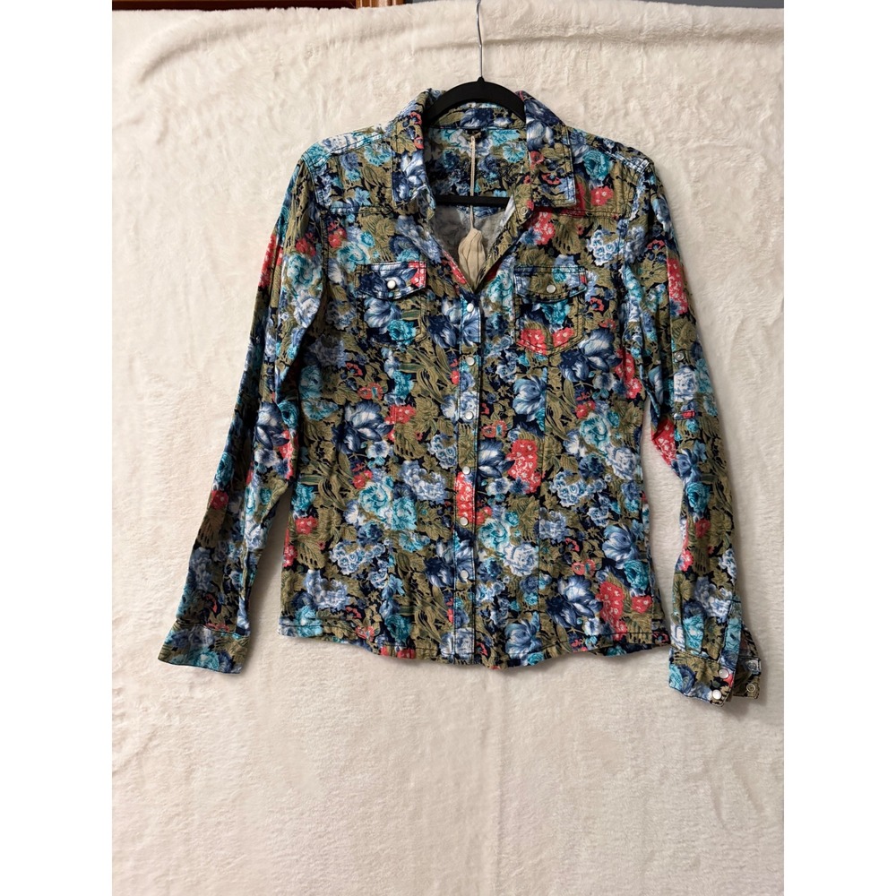 Vanilla Star Floral Cotton Button Down Shirt Long‎ Sleeve Blue Coral Large V1040